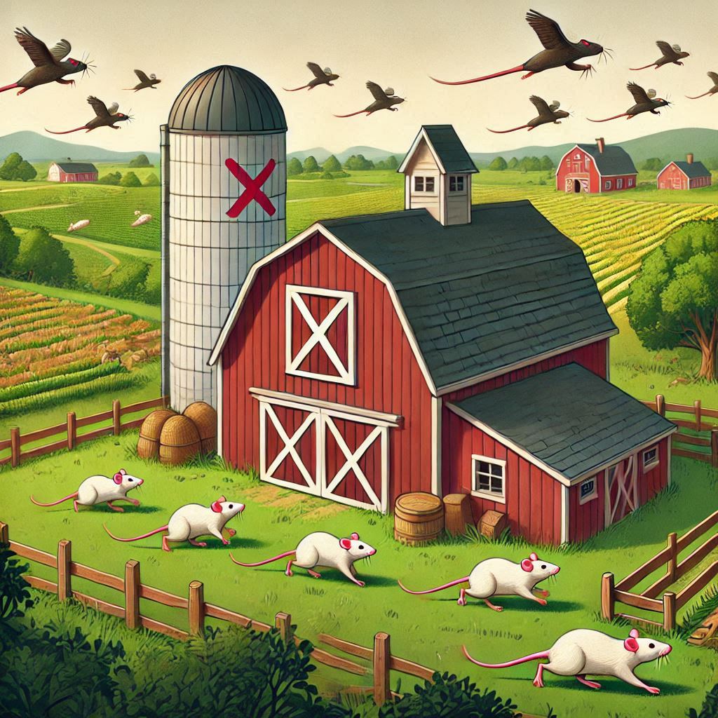 A farm with a barn and rats running away from it at a distance, with an X in the rats portion