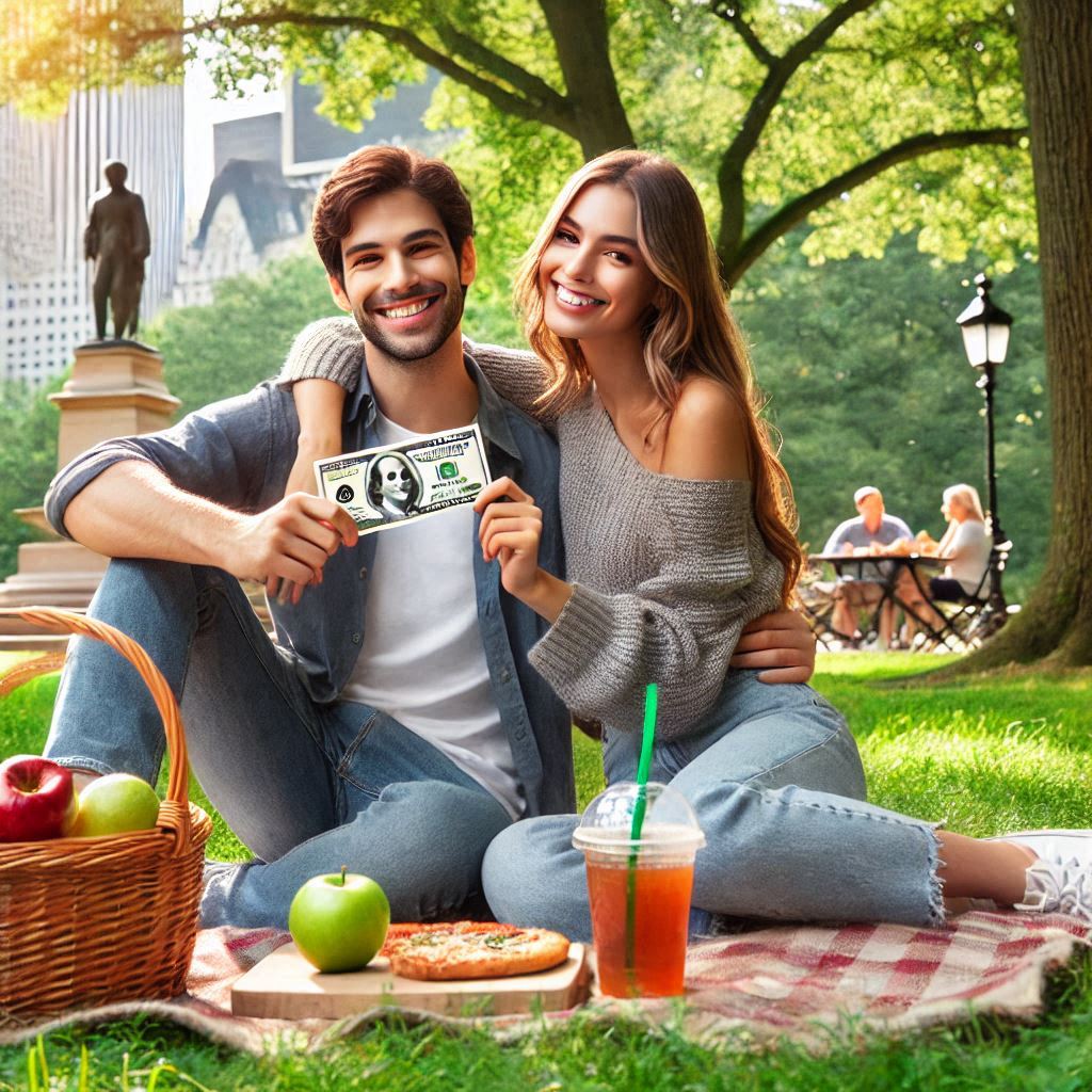 A happy couple enjoying a picnic in Central Park, symbolizing the money saved