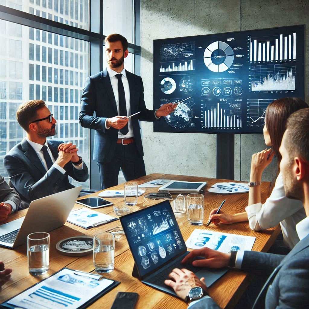  business meeting where someone is presenting through his laptop or tablet