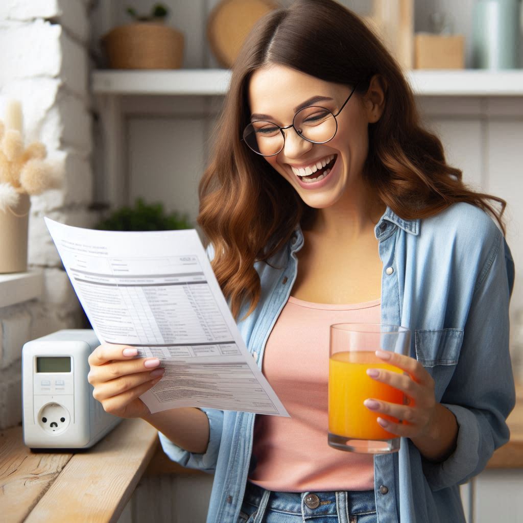 A single mother looking happy looking at her savings in her electric bill