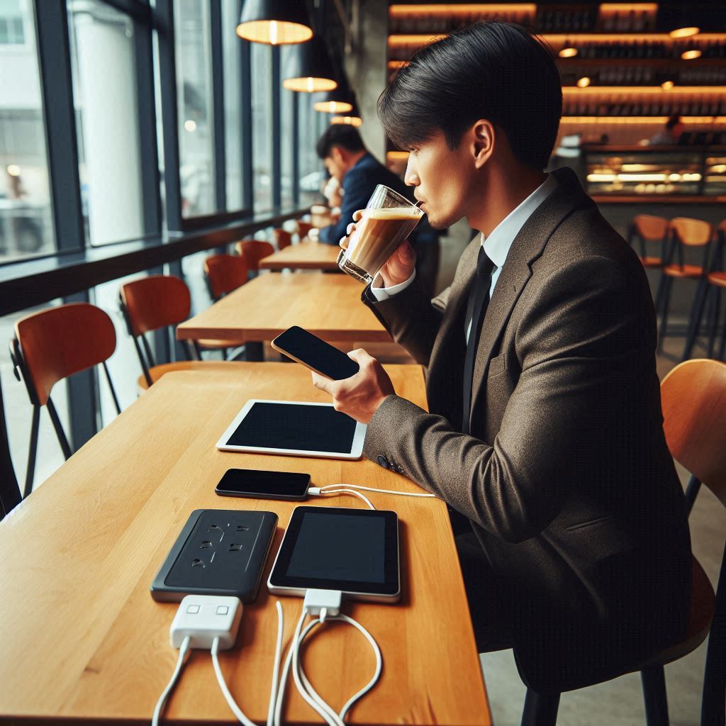 Charging gadgets in cafe shop
