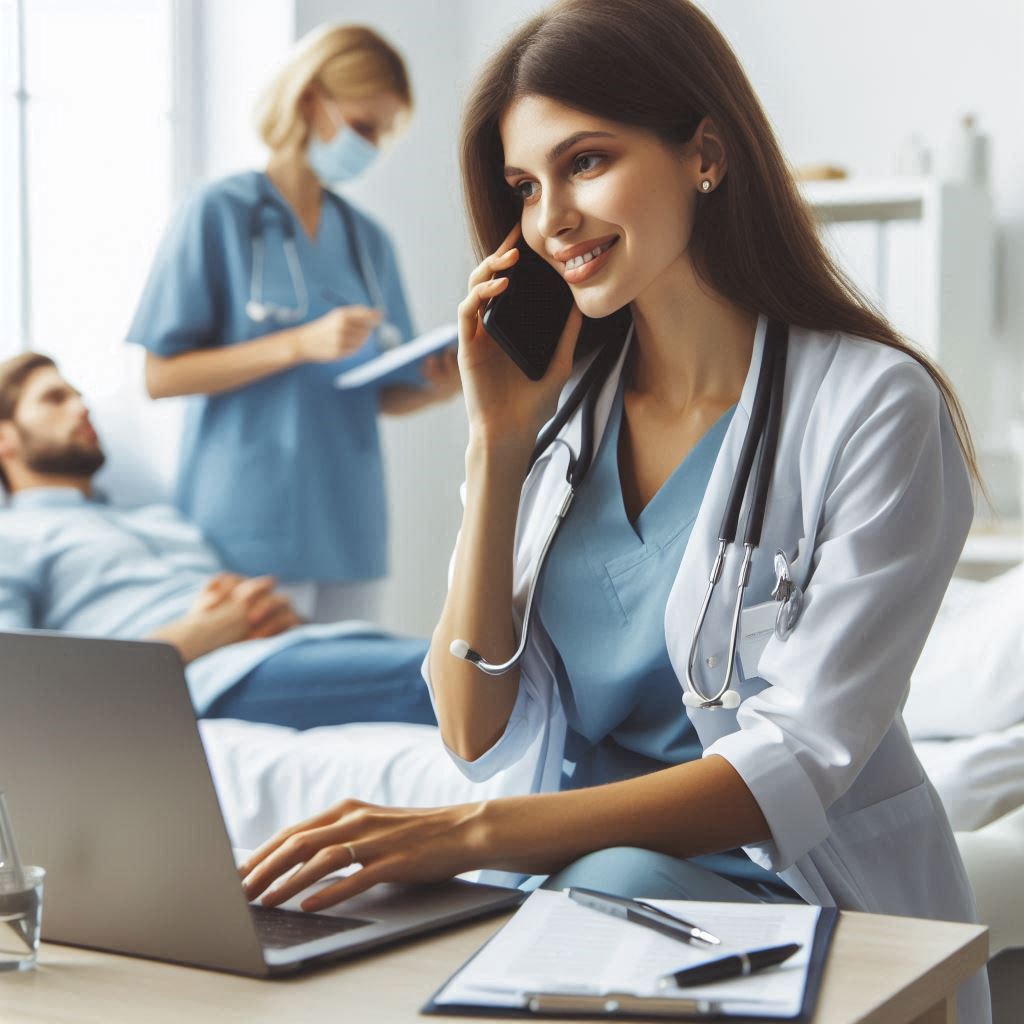 a busy nurse looking at a laptop while talking on a mobile phone and attending to a patient