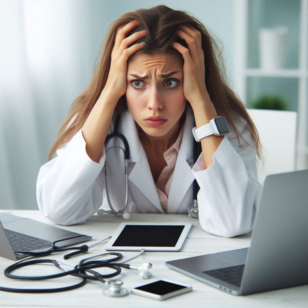 a doctor looking distressed and looking for her laptop, tablet, and phones charger