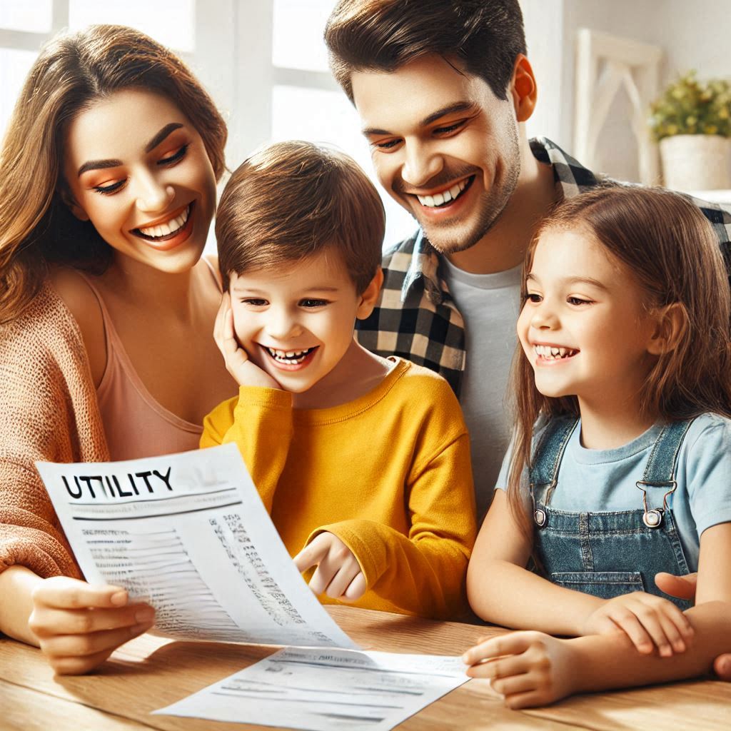 a family happily looking for their utility bill with the mother holding the bill