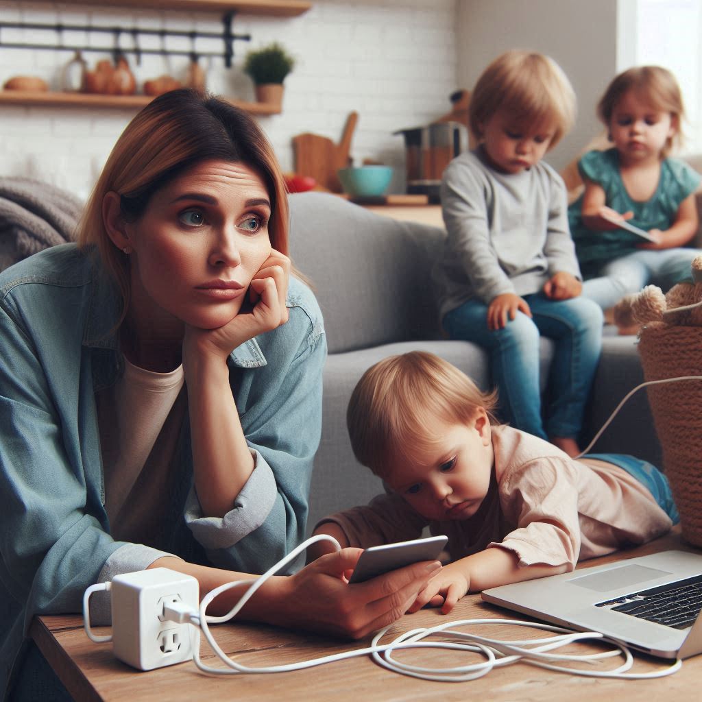 Your role is to create a photo of a busy mom at home, charging her gadgets while taking care of her kids