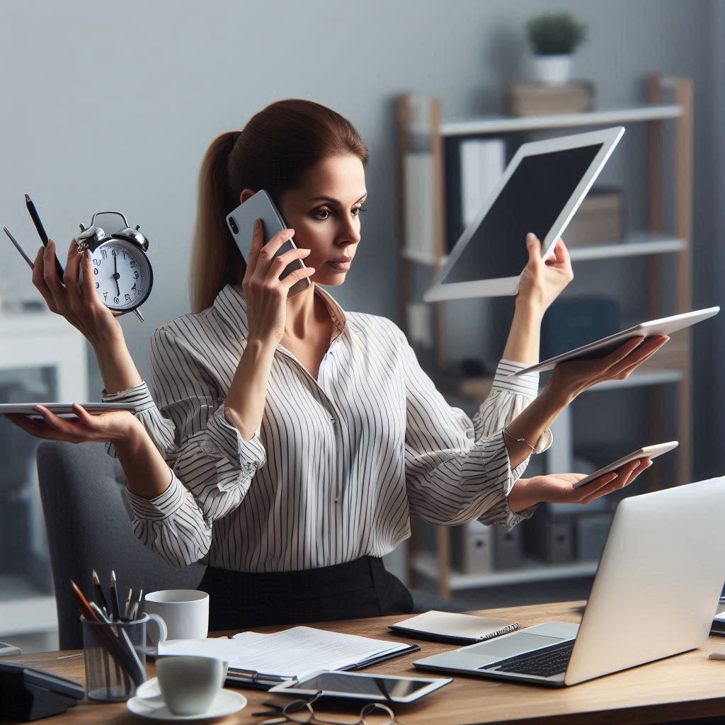 an office secretary juggling with a laptop, tablet, and mobile phones